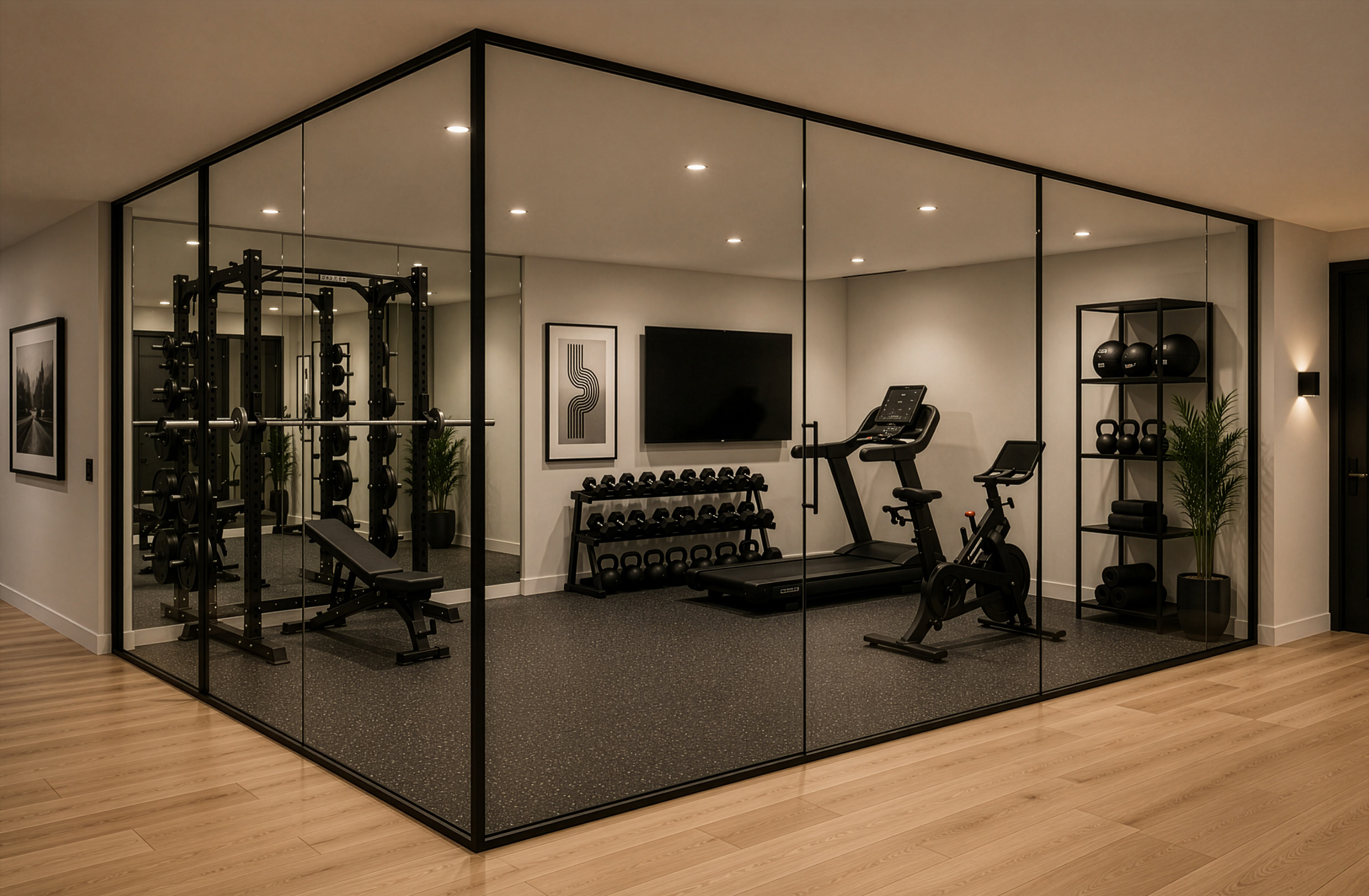 Glass-enclosed home fitness studio with weights, treadmill, and exercise bike
