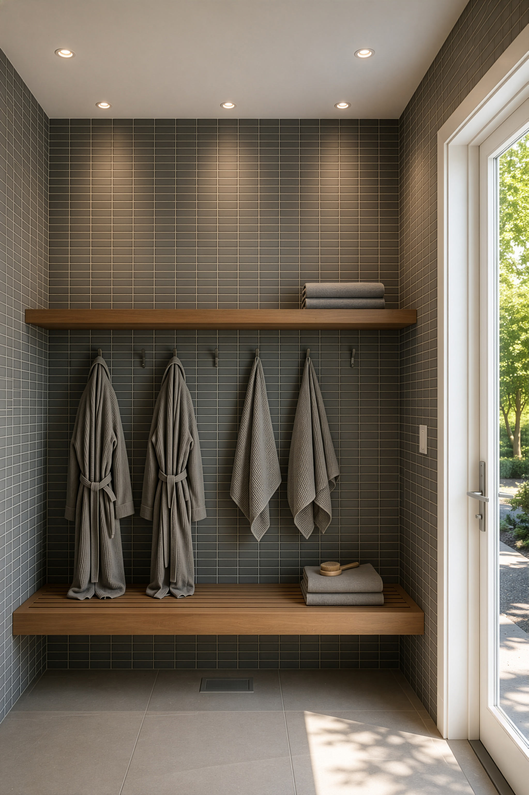 Tiled changing room with a wooden bench, hanging robes, and towels