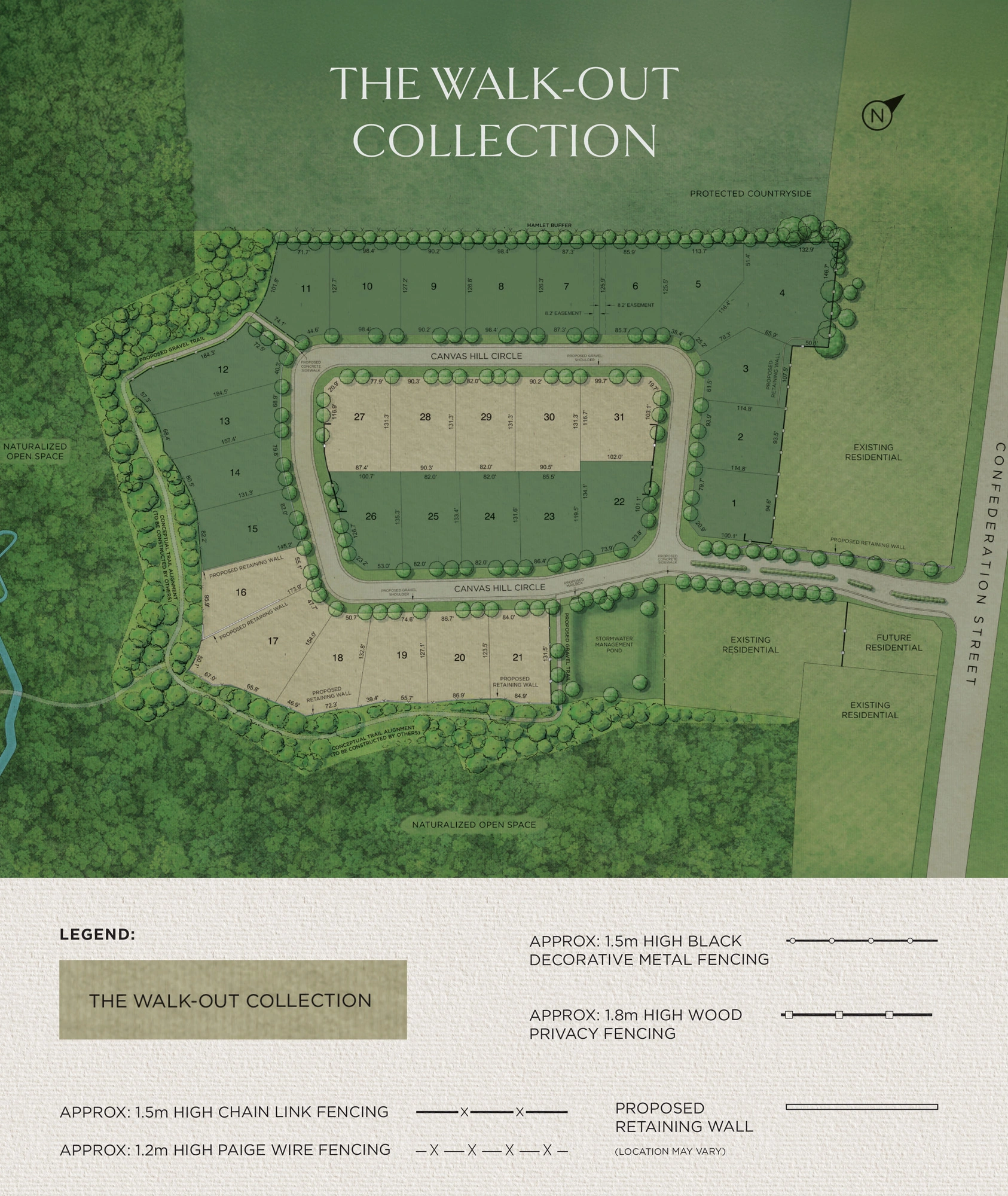 Map layout of The Walk-Out Collection by Canvas Hill, featuring residential lots, natural open spaces, and fencing details, emphasizing the integration of homes with terraced landscapes.